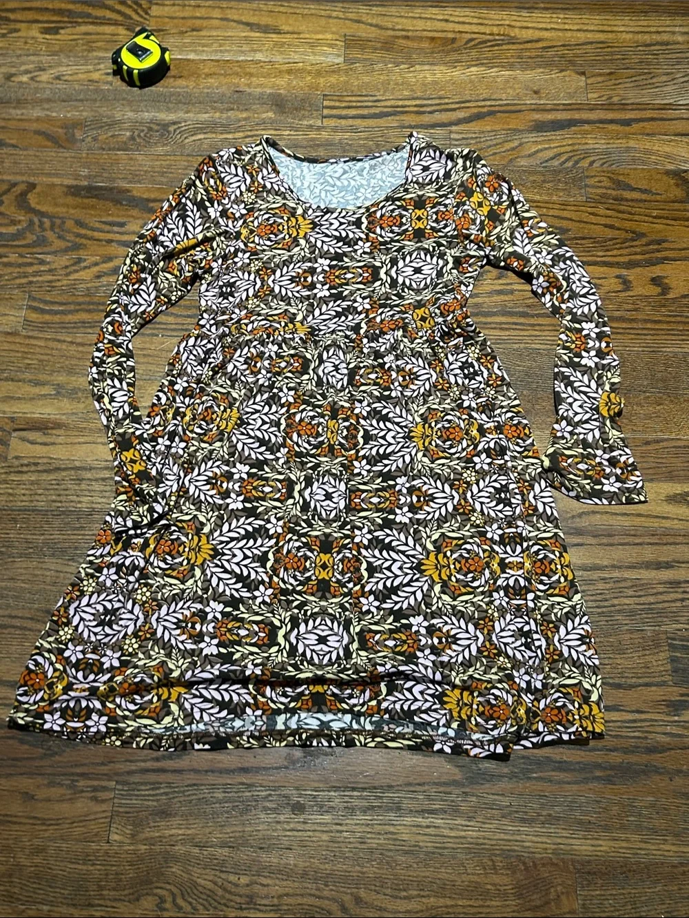 Girls Floral Pattern Long Sleeve Dress - Brown & Yellow